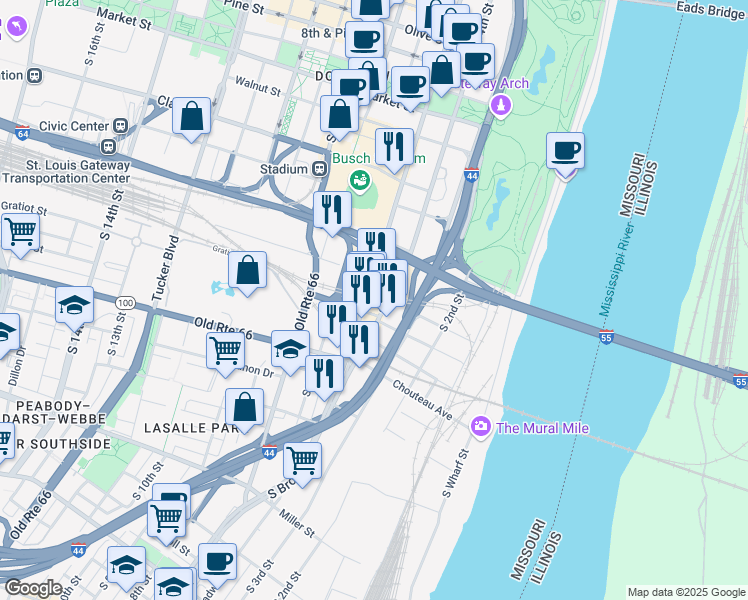 map of restaurants, bars, coffee shops, grocery stores, and more near 726 South Broadway in St. Louis