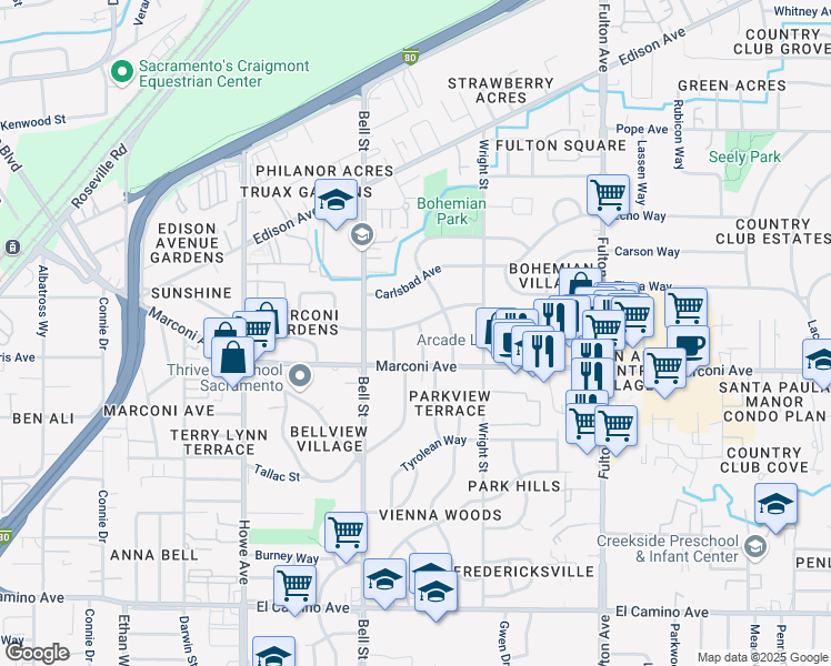map of restaurants, bars, coffee shops, grocery stores, and more near 2941 Glacier Street in Sacramento