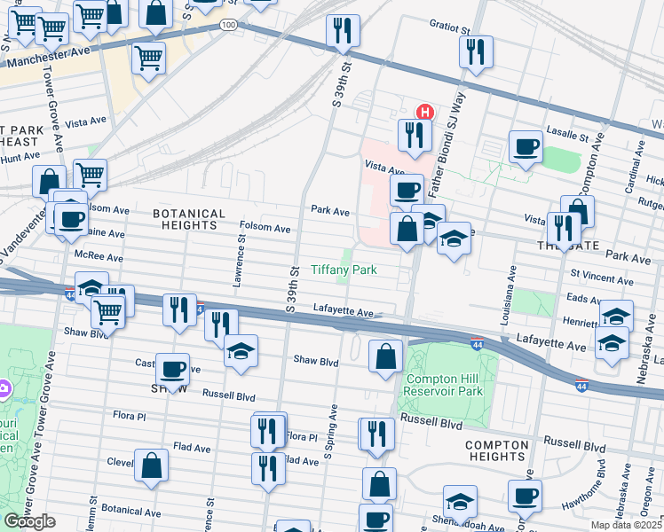 map of restaurants, bars, coffee shops, grocery stores, and more near 3822 Blaine Avenue in St. Louis