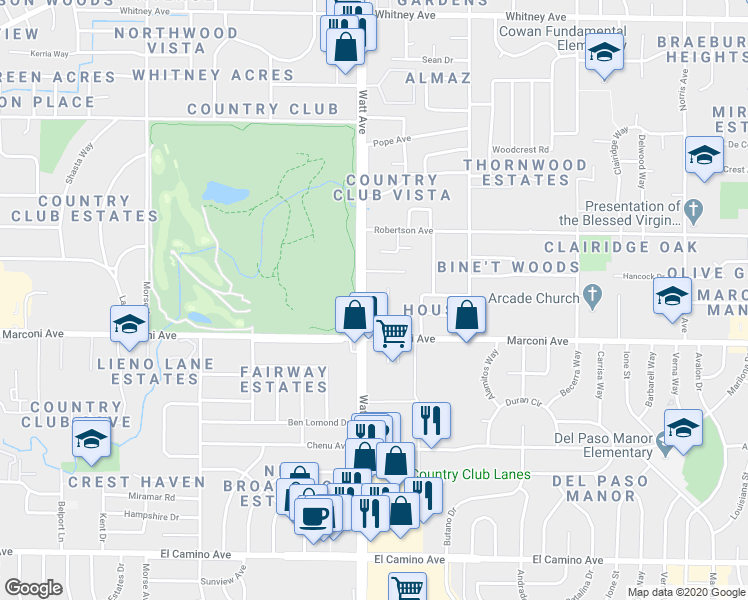 map of restaurants, bars, coffee shops, grocery stores, and more near 2930 Watt Avenue in Sacramento