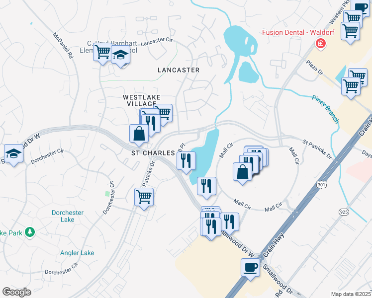map of restaurants, bars, coffee shops, grocery stores, and more near 10380 O'Donnell Place in Waldorf
