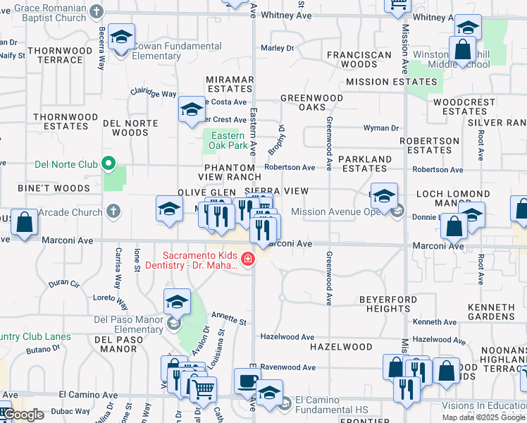 map of restaurants, bars, coffee shops, grocery stores, and more near 2940 Eastern Avenue in Sacramento