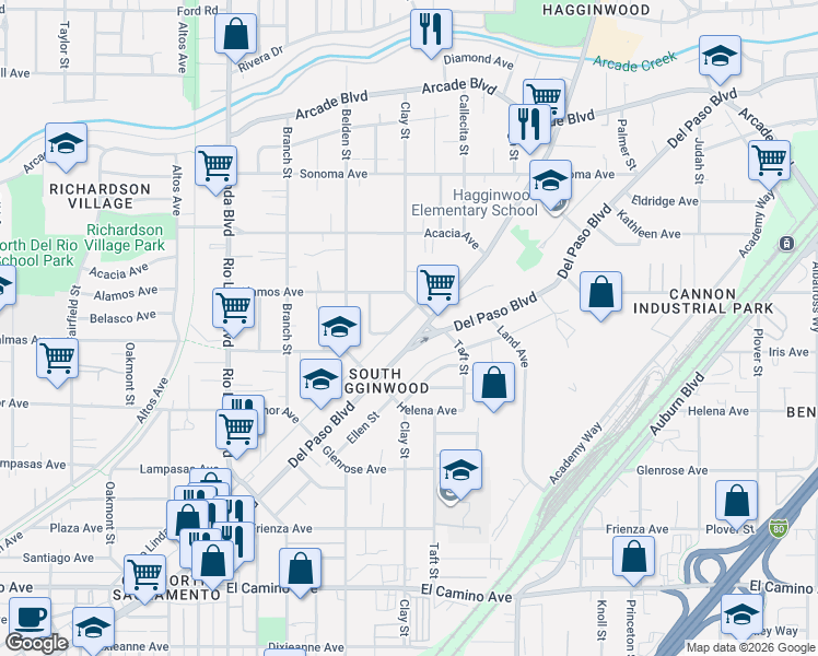 map of restaurants, bars, coffee shops, grocery stores, and more near in Sacramento