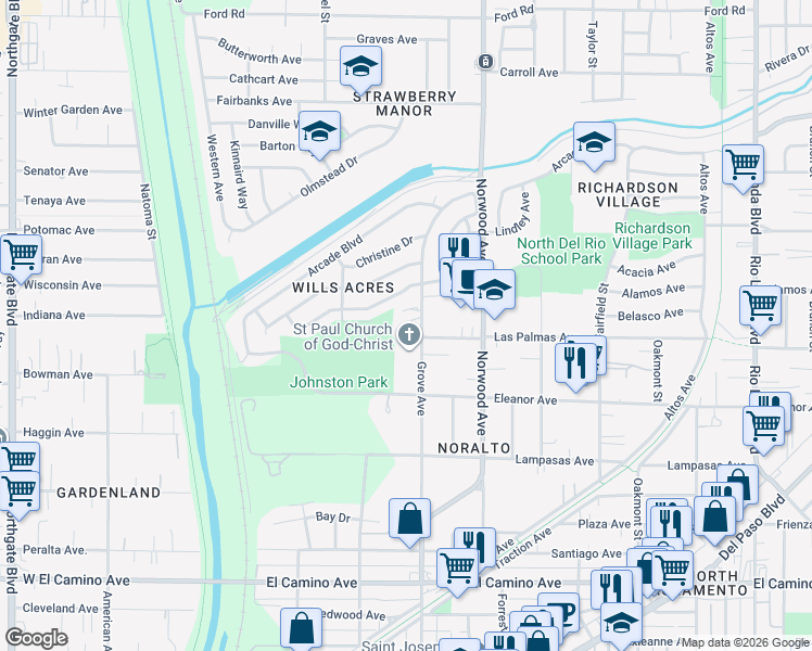 map of restaurants, bars, coffee shops, grocery stores, and more near 2813 Grove Avenue in Sacramento