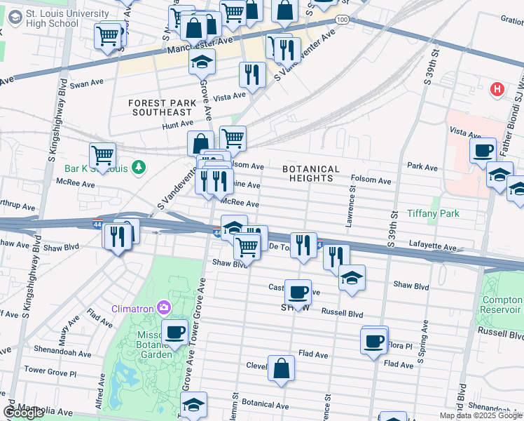 map of restaurants, bars, coffee shops, grocery stores, and more near 4206 McRee Avenue in St. Louis