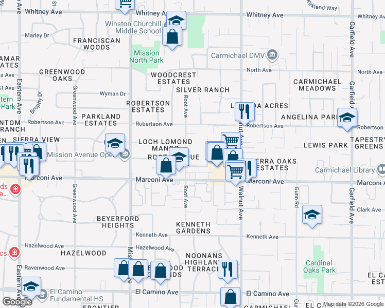 map of restaurants, bars, coffee shops, grocery stores, and more near 2950 Root Avenue in Carmichael