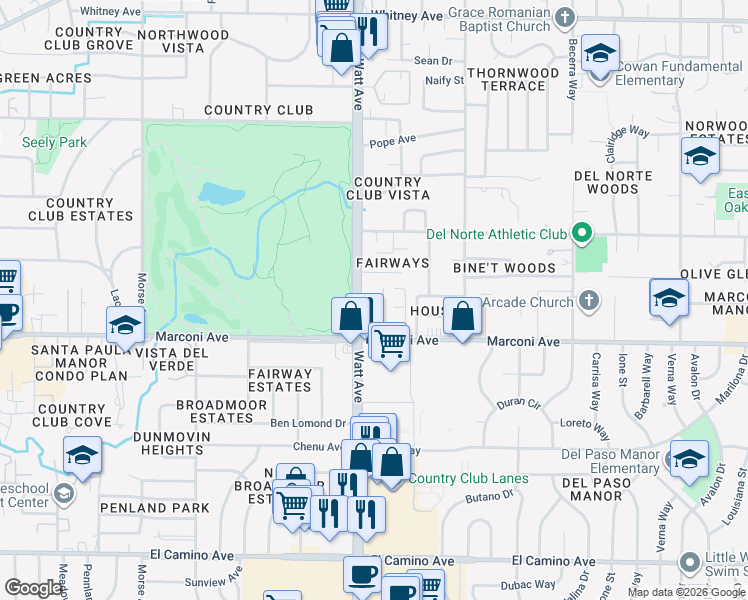 map of restaurants, bars, coffee shops, grocery stores, and more near 2930 Watt Avenue in Sacramento