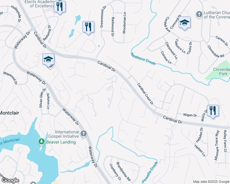 map of restaurants, bars, coffee shops, grocery stores, and more near 15417 Windsong Lane in Montclair