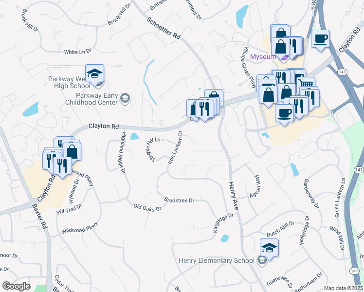 map of restaurants, bars, coffee shops, grocery stores, and more near 516 Iron Lantern Dr in Ballwin