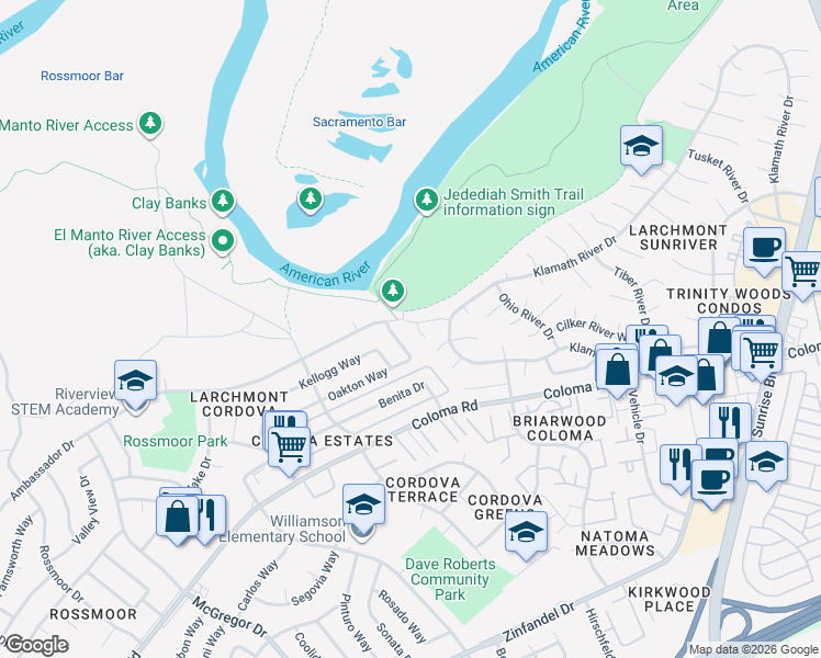 map of restaurants, bars, coffee shops, grocery stores, and more near 10024 Yukon River Way in Rancho Cordova