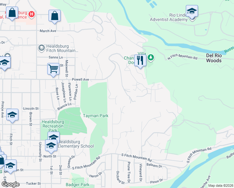 map of restaurants, bars, coffee shops, grocery stores, and more near 740 Revel Road in Healdsburg