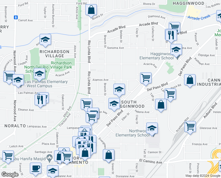 map of restaurants, bars, coffee shops, grocery stores, and more near 1031 Las Palmas Avenue in Sacramento