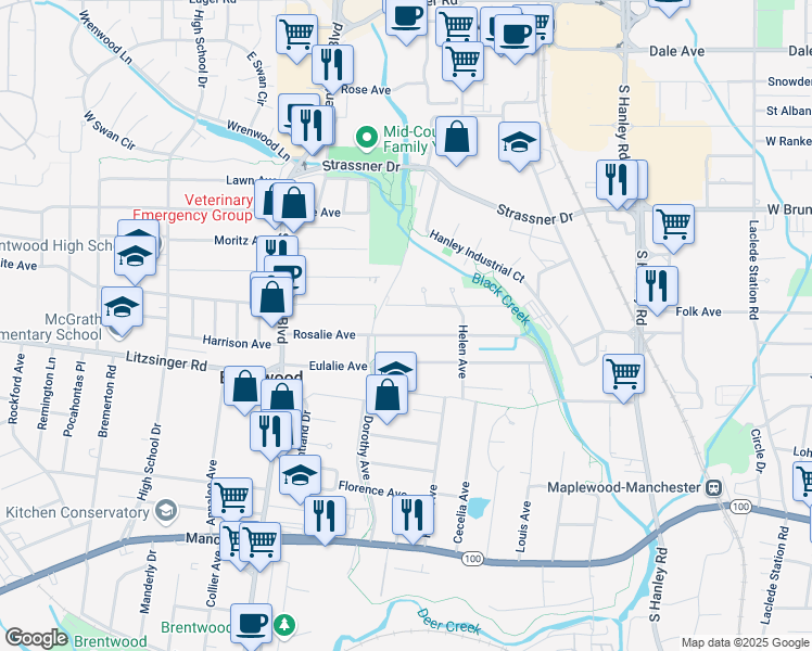 map of restaurants, bars, coffee shops, grocery stores, and more near 8649 Rosalie Avenue in Brentwood