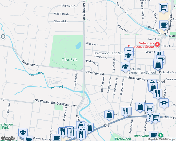 map of restaurants, bars, coffee shops, grocery stores, and more near 9441 Litzsinger Road in Brentwood