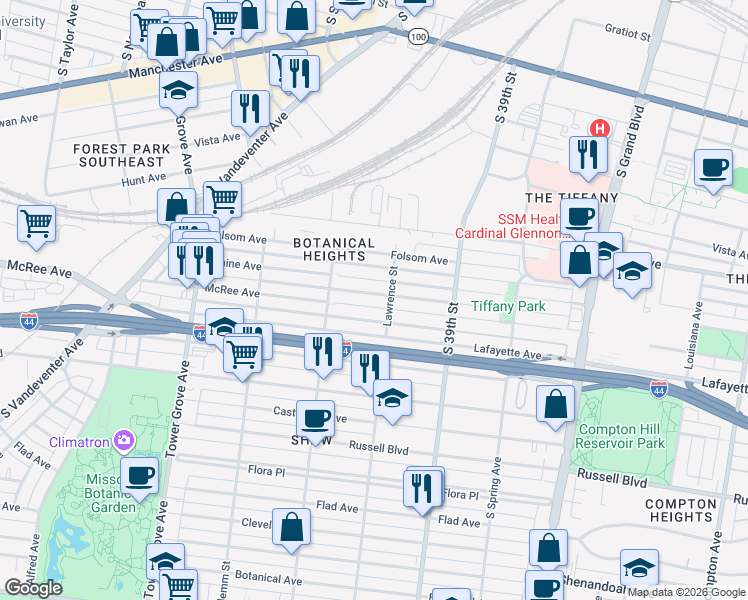 map of restaurants, bars, coffee shops, grocery stores, and more near 4017 McRee Avenue in St. Louis