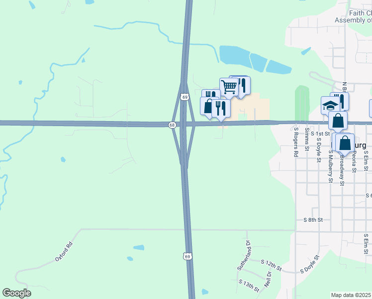 map of restaurants, bars, coffee shops, grocery stores, and more near U.S. 69 in Louisburg
