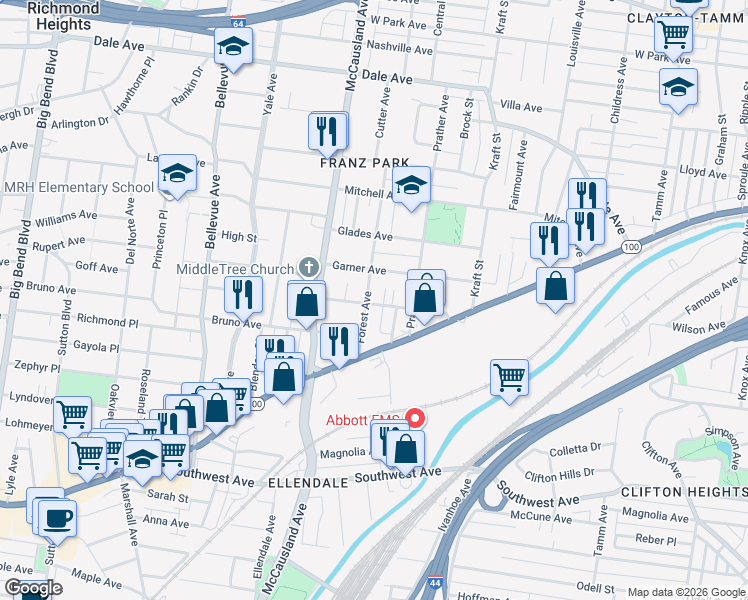map of restaurants, bars, coffee shops, grocery stores, and more near 6834 Waldemar Avenue in St. Louis