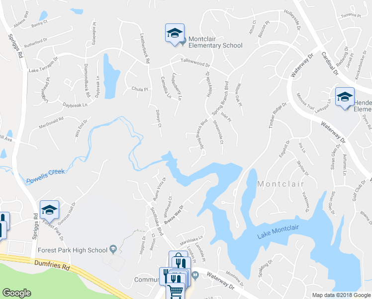 map of restaurants, bars, coffee shops, grocery stores, and more near 15423 Beachwater Court in Dumfries