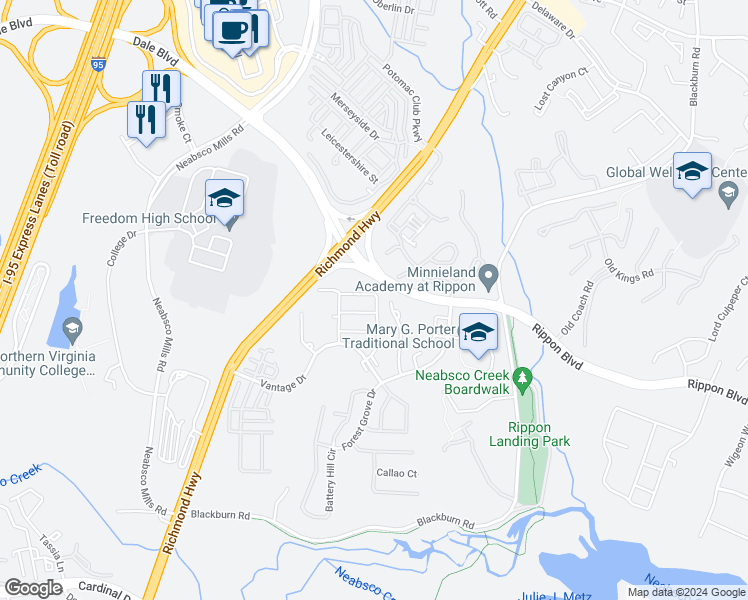 map of restaurants, bars, coffee shops, grocery stores, and more near 15348 Elizabeth Burbage Loop in Woodbridge
