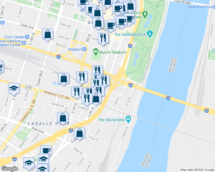 map of restaurants, bars, coffee shops, grocery stores, and more near Interstate 55 in St Louis
