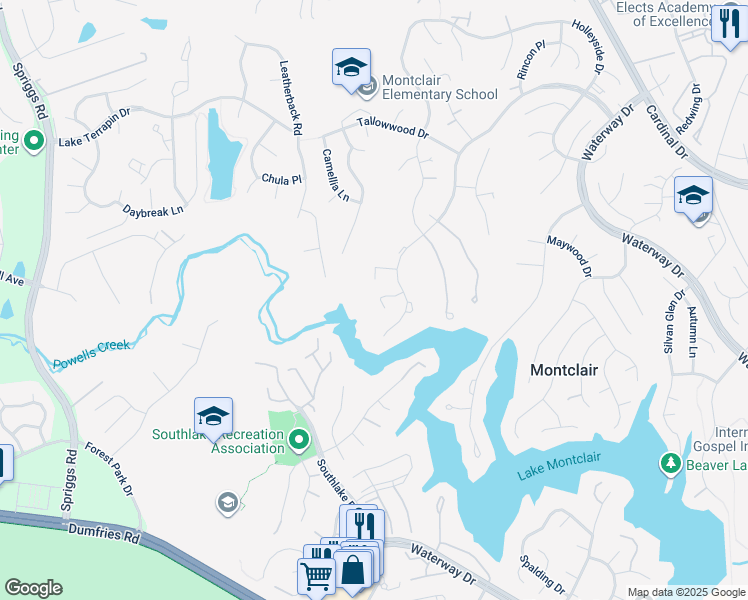 map of restaurants, bars, coffee shops, grocery stores, and more near 15423 Beachwater Court in Dumfries