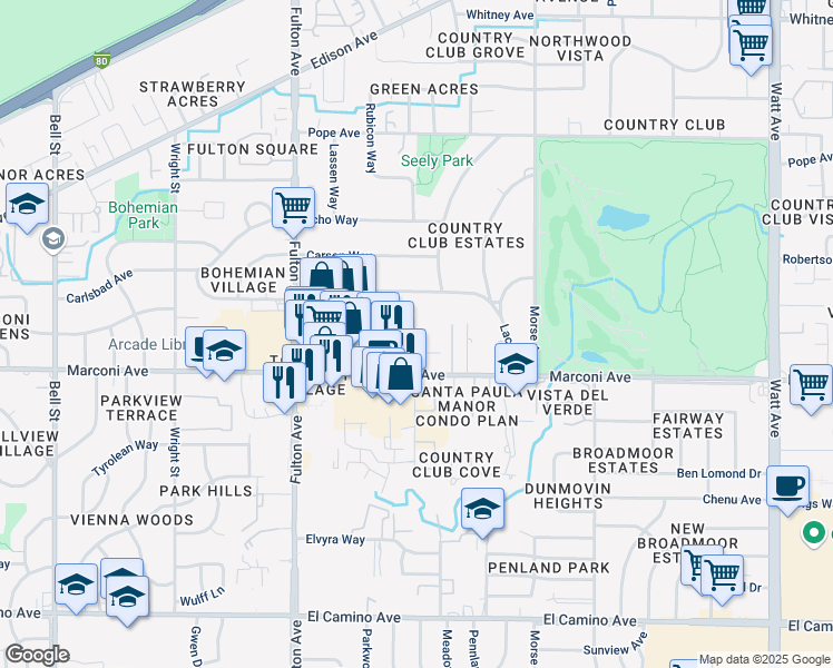 map of restaurants, bars, coffee shops, grocery stores, and more near 2950 Calderwood Lane in Sacramento