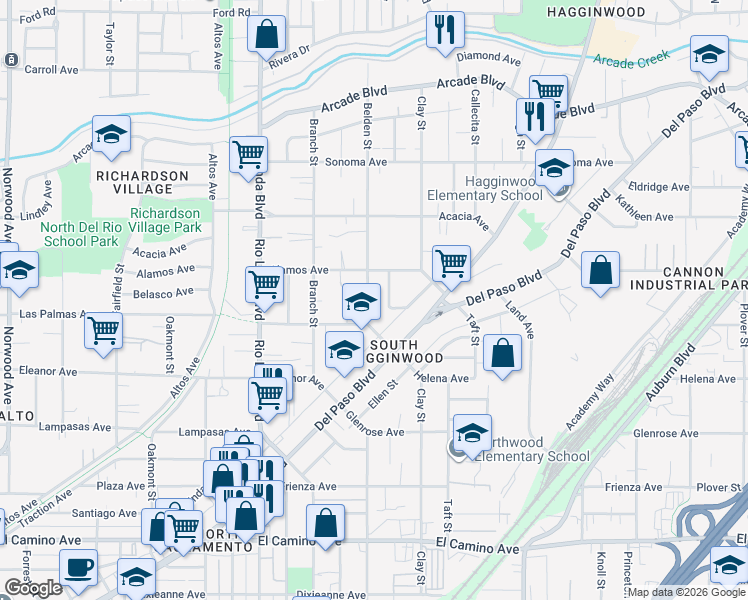 map of restaurants, bars, coffee shops, grocery stores, and more near 2836 Belden Street in Sacramento
