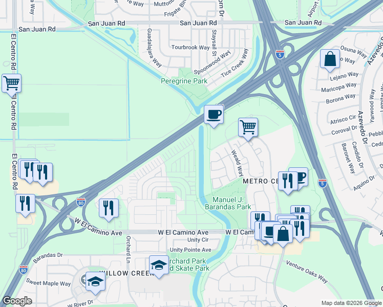 map of restaurants, bars, coffee shops, grocery stores, and more near 33 Rosier Circle in Sacramento