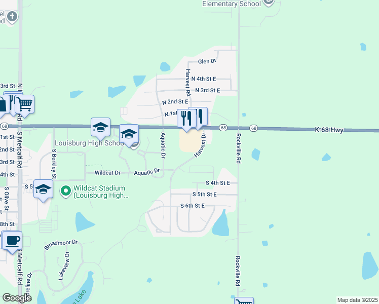 map of restaurants, bars, coffee shops, grocery stores, and more near 214 Harvest Drive in Louisburg