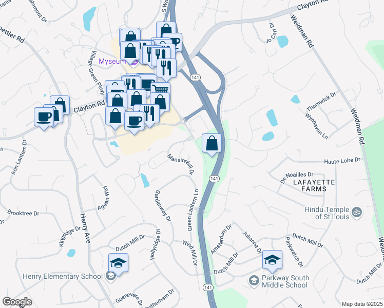 map of restaurants, bars, coffee shops, grocery stores, and more near 952 Irongate Walk in Ballwin