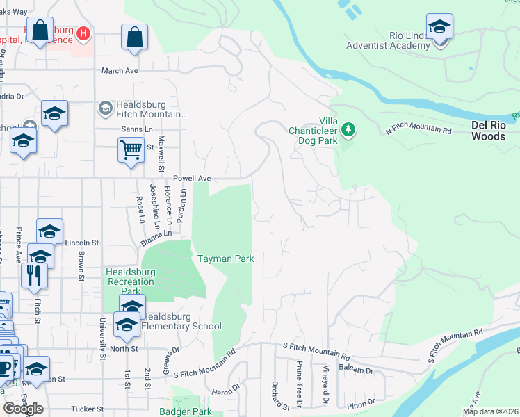 map of restaurants, bars, coffee shops, grocery stores, and more near 740 Revel Road in Healdsburg