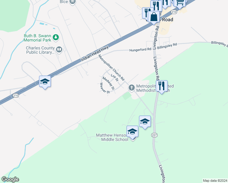 map of restaurants, bars, coffee shops, grocery stores, and more near 3497 Medway Street in Indian Head