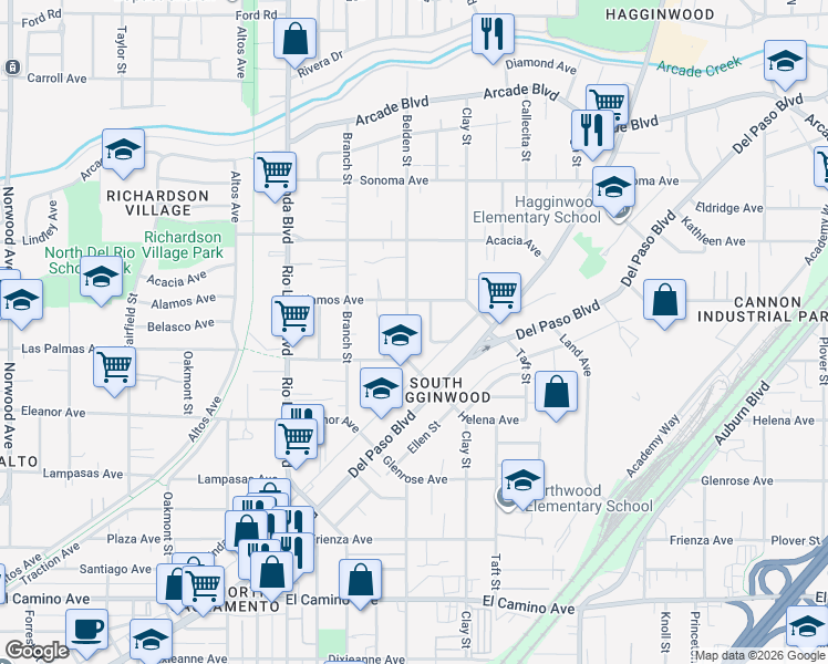 map of restaurants, bars, coffee shops, grocery stores, and more near 2836 Belden Street in Sacramento