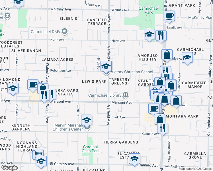 map of restaurants, bars, coffee shops, grocery stores, and more near 2940 Garfield Avenue in Carmichael