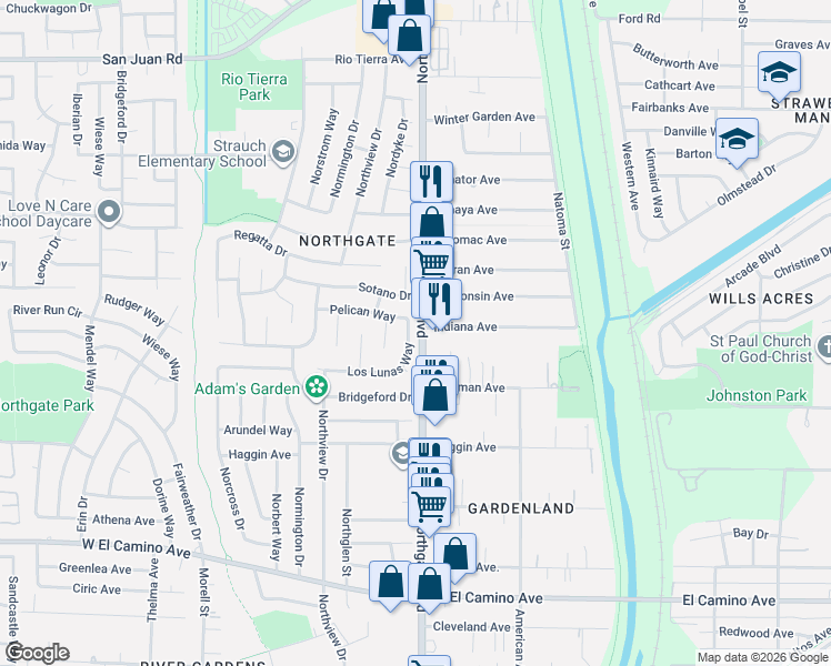 map of restaurants, bars, coffee shops, grocery stores, and more near 616 Los Lunas Way in Sacramento