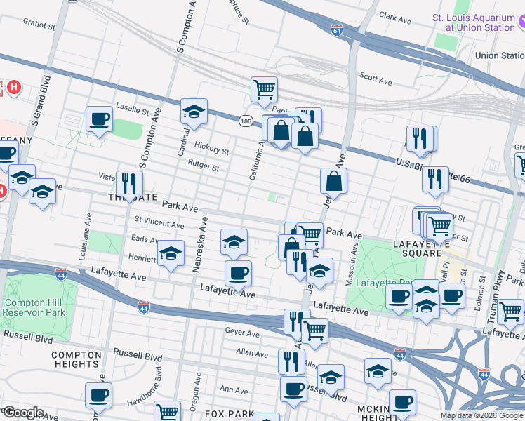 map of restaurants, bars, coffee shops, grocery stores, and more near 2737 Park Avenue in St. Louis