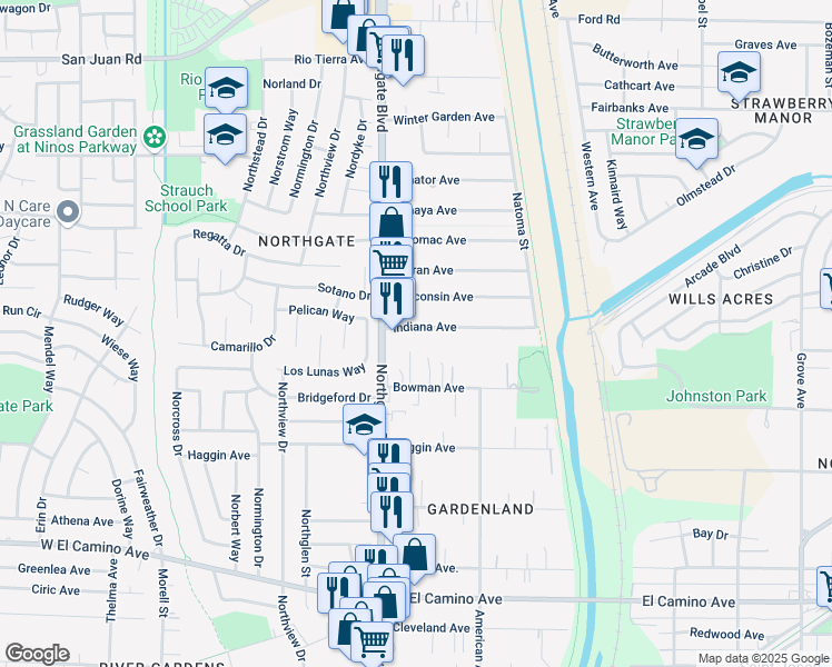 map of restaurants, bars, coffee shops, grocery stores, and more near 516 Indiana Avenue in Sacramento