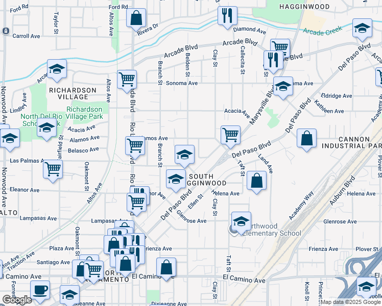 map of restaurants, bars, coffee shops, grocery stores, and more near 2840 Belden Street in Sacramento