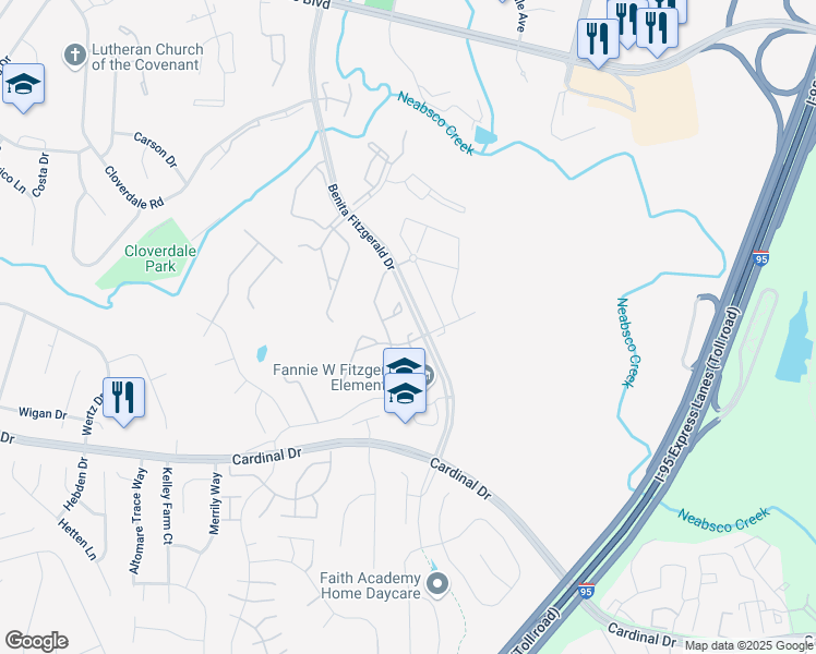 map of restaurants, bars, coffee shops, grocery stores, and more near 15402 Bambi Court in Woodbridge