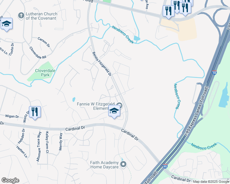 map of restaurants, bars, coffee shops, grocery stores, and more near 15402 Bambi Court in Woodbridge