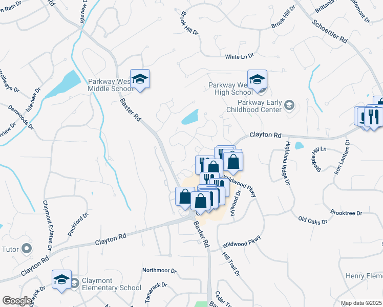 map of restaurants, bars, coffee shops, grocery stores, and more near 15021 Claymoor Court in Chesterfield