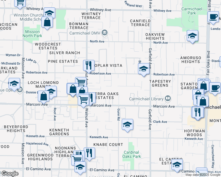 map of restaurants, bars, coffee shops, grocery stores, and more near 3008 Paragon Way in Carmichael