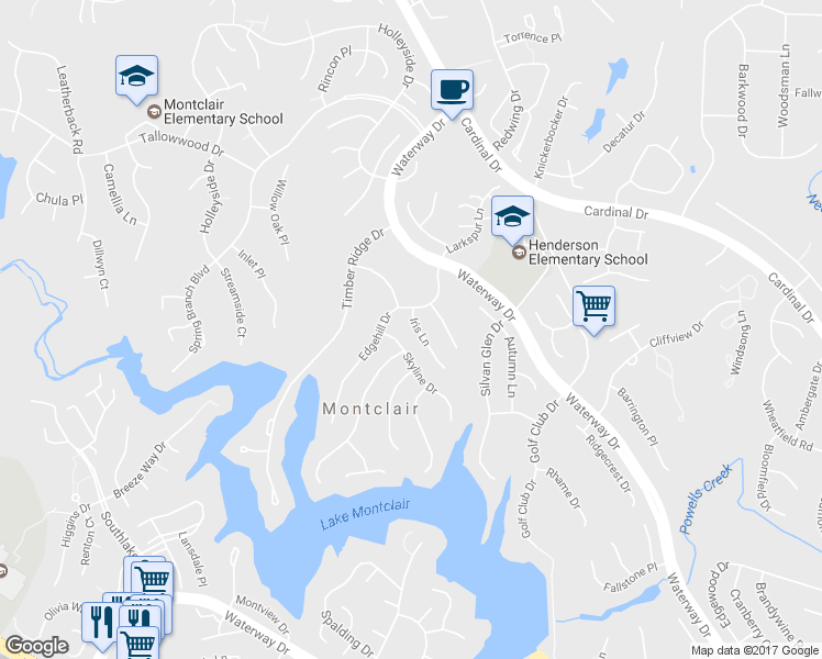 map of restaurants, bars, coffee shops, grocery stores, and more near 15304 Iris Lane in Dumfries