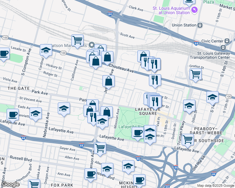 map of restaurants, bars, coffee shops, grocery stores, and more near 2311 Rutger Street in St. Louis