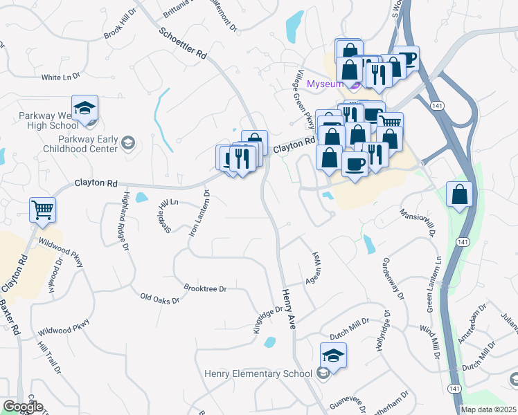 map of restaurants, bars, coffee shops, grocery stores, and more near 775 Henry Ave in Ballwin