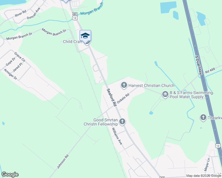 map of restaurants, bars, coffee shops, grocery stores, and more near 26605 Seaford Road in Seaford