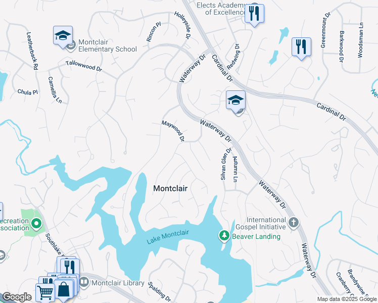 map of restaurants, bars, coffee shops, grocery stores, and more near 15304 Iris Lane in Dumfries