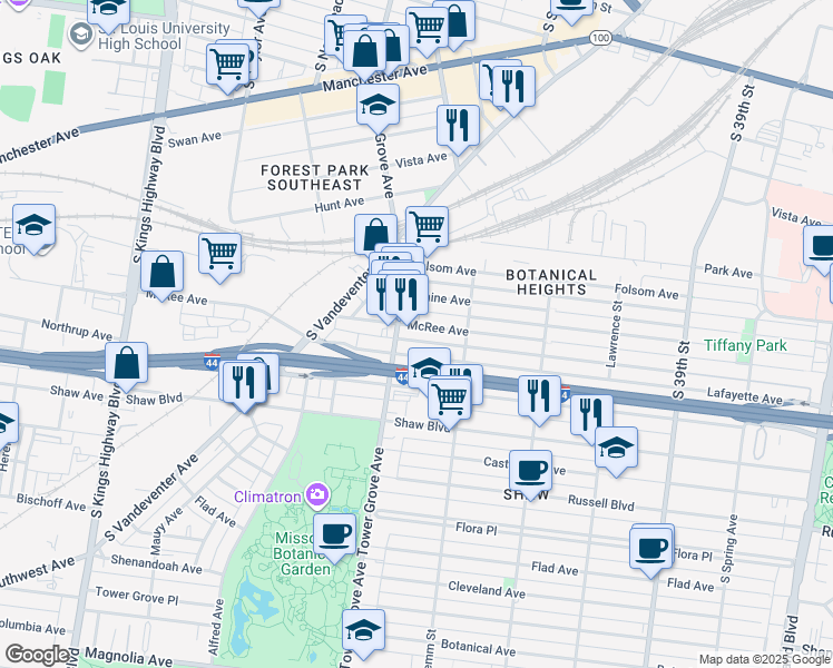 map of restaurants, bars, coffee shops, grocery stores, and more near 4253 Lafayette Avenue in St. Louis