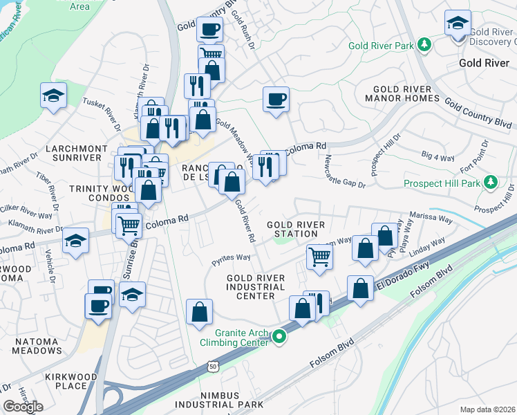 map of restaurants, bars, coffee shops, grocery stores, and more near 2335 Gold River Road in Gold River