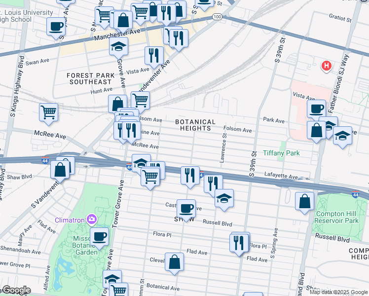 map of restaurants, bars, coffee shops, grocery stores, and more near 4108 McRee Avenue in St. Louis